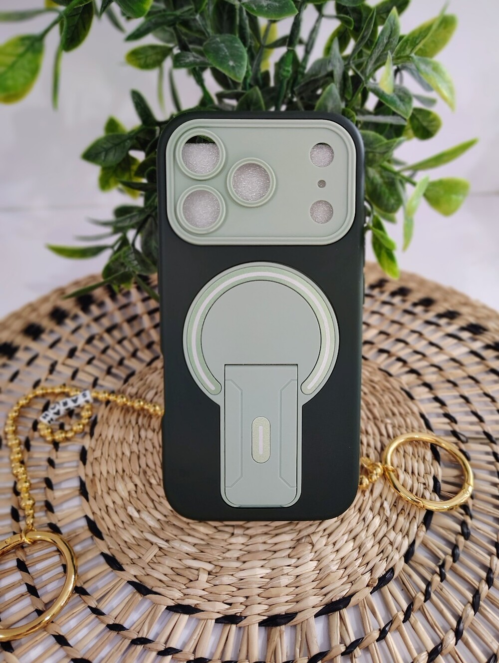 Silicone iPhone 17 Pro Case with Built-in Ring Kickstand - Sage Green and Black